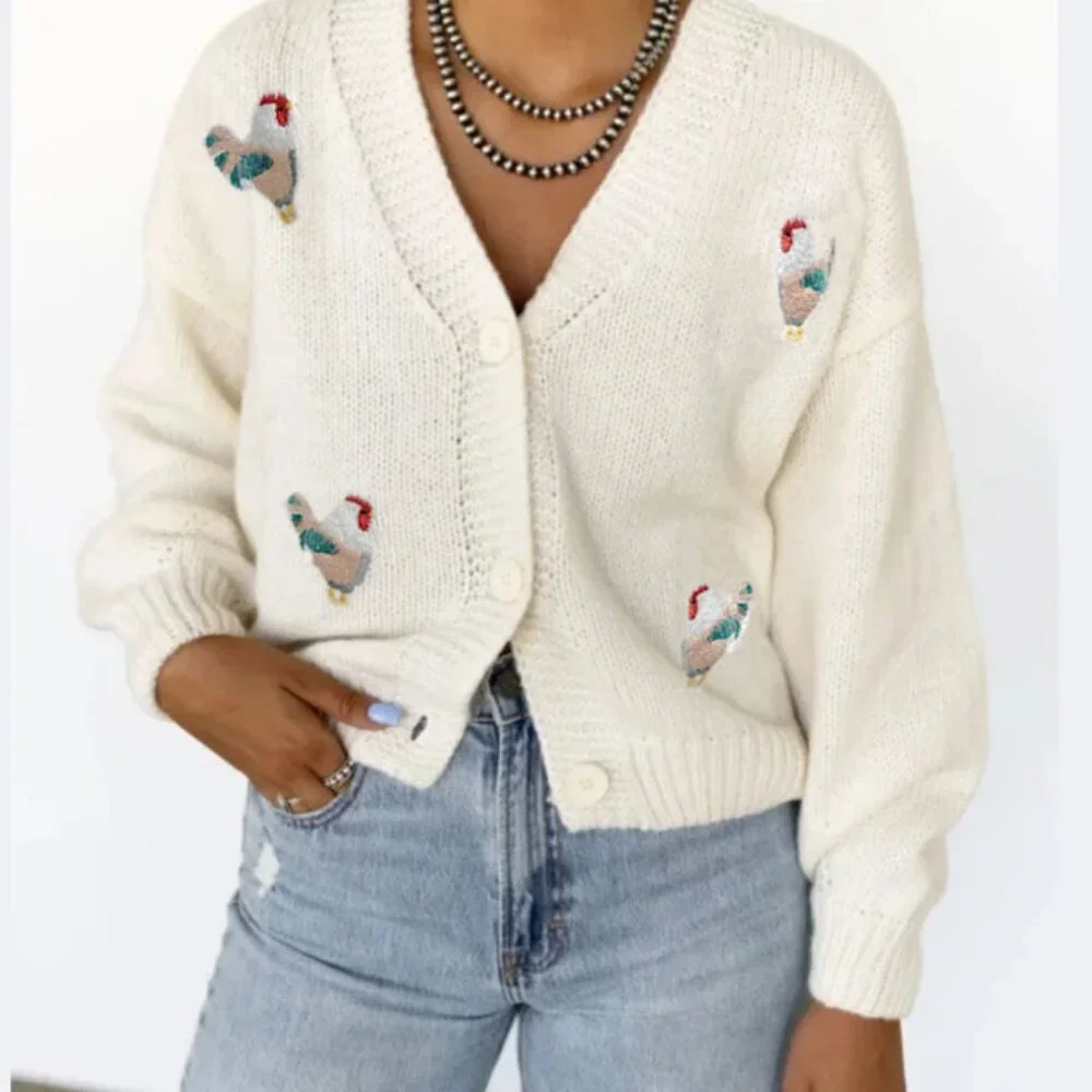 Embroidered Chicken Cardigan Sweater - Picture 1 of 10